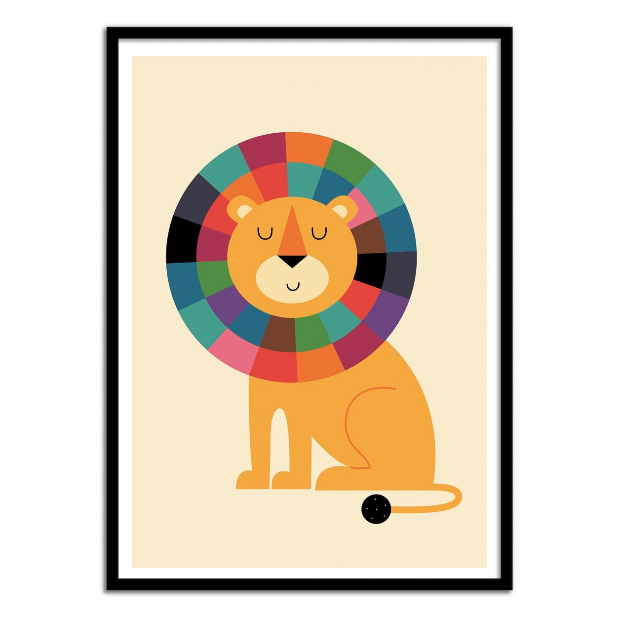 Mister Confidence by Andy Westface – 30x40 cm children’s wall art print featuring a minimalist cartoon lion with a multicolored mane, closed eyes, and a peaceful smile. Playful and colorful illustration for kids’ rooms and modern interiors.