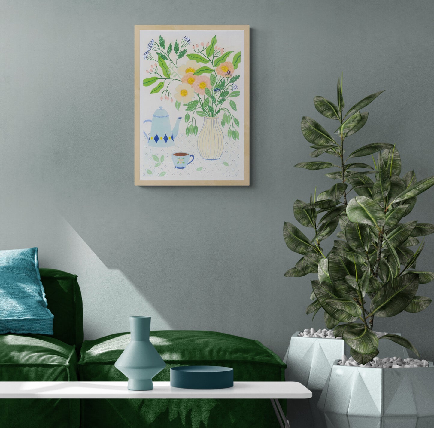 A3 art print "Afternoon Tea" by Leens featuring a pastel floral bouquet in a striped vase, vintage teapot, teacup, and dotted tablecloth. Perfect artwork for kitchens, tea lovers, or serene home corners.
