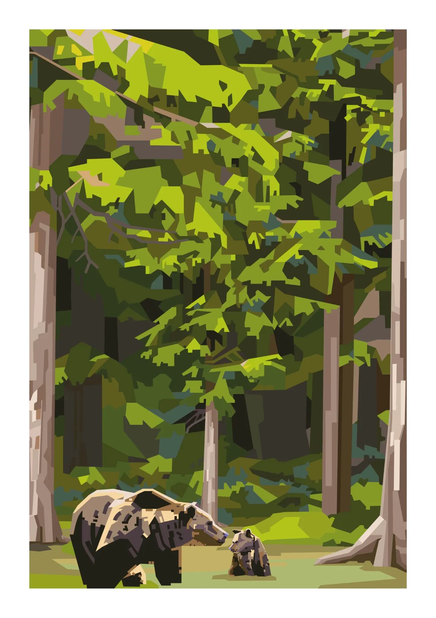 Limited edition forest illustration ‘Momma Bear’ by Floor 4 Productions, showing a mother bear and cub in a lush green woodland with layered geometric shapes; A3 four-color print on 300 gsm matte textured paper; modern nature wall art from Belgium.