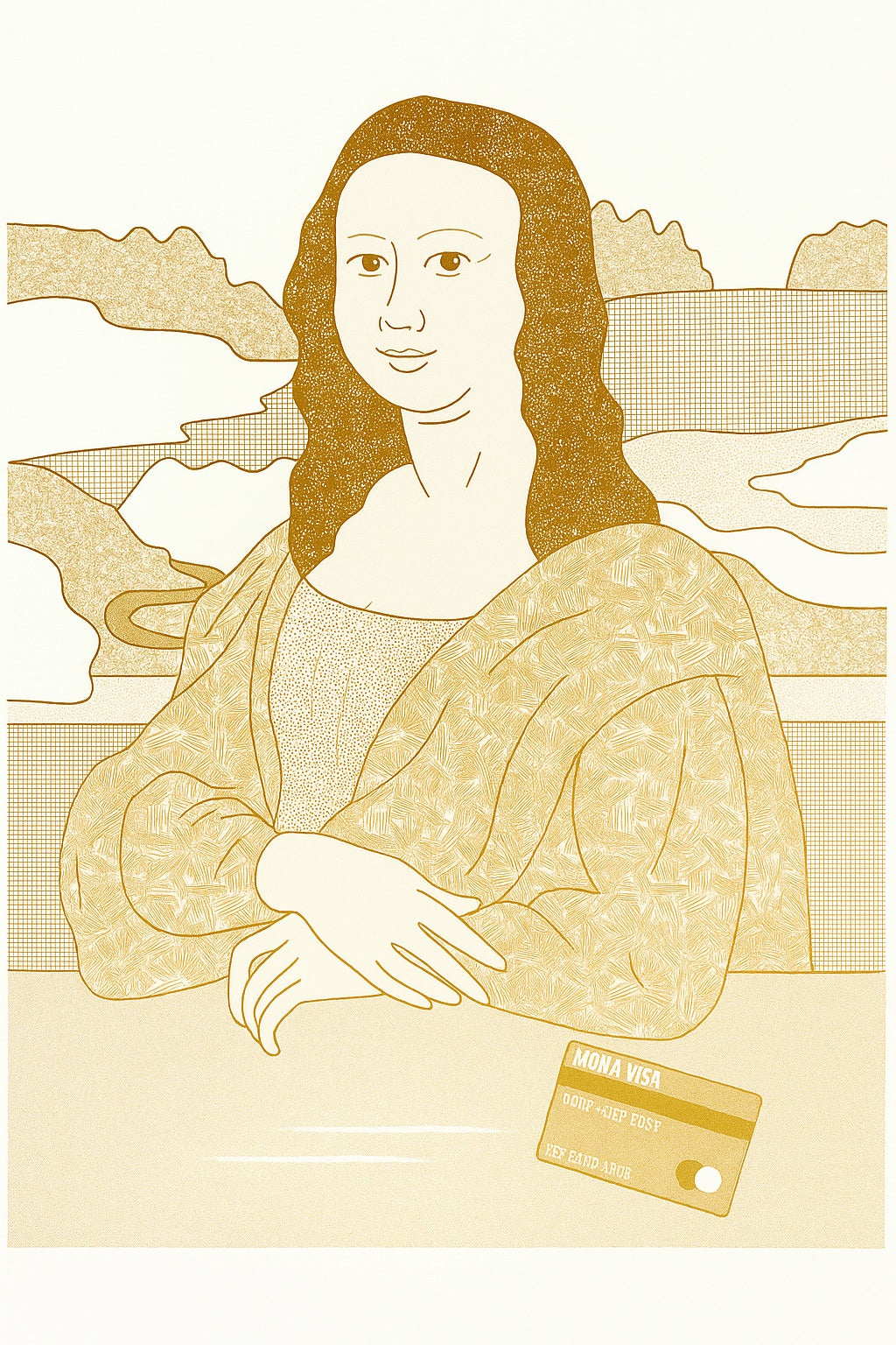 Humorous risograph art print titled “Mona Visa” by Studio Stoutpoep, featuring a parody of the Mona Lisa with a gold credit card on the table. A3 print in warm yellow tones, made in Belgium.