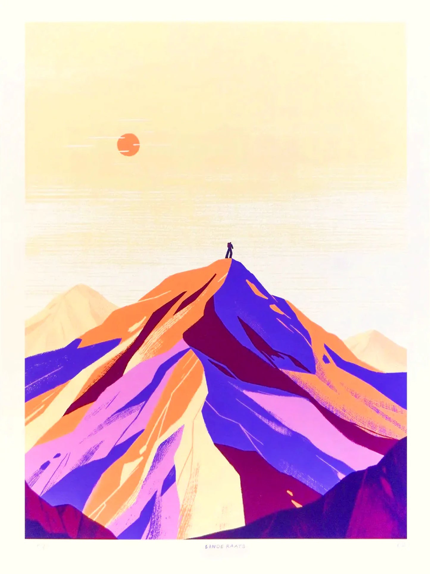 Minimalist giclée art print of the Alps by Belgian illustrator Linde Raats, featuring a pastel-colored mountain landscape in soft purple, peach, and cream tones with a small figure at the summit – 30x40 cm fine art print for modern interiors