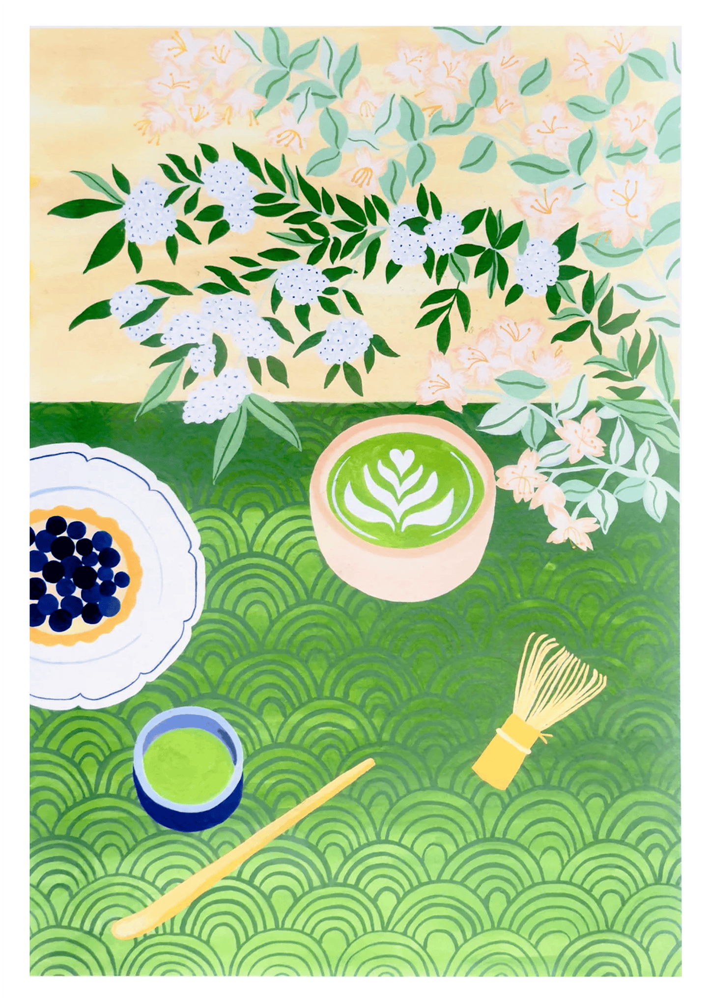 A3 art print "Matcha Time" by Leens featuring a flat-lay composition with a matcha latte in a ceramic bowl, bamboo whisk, green tea cup, tart with blueberries, floral branches, and Japanese wave patterns. Perfect for tea lovers and kitchen decor.