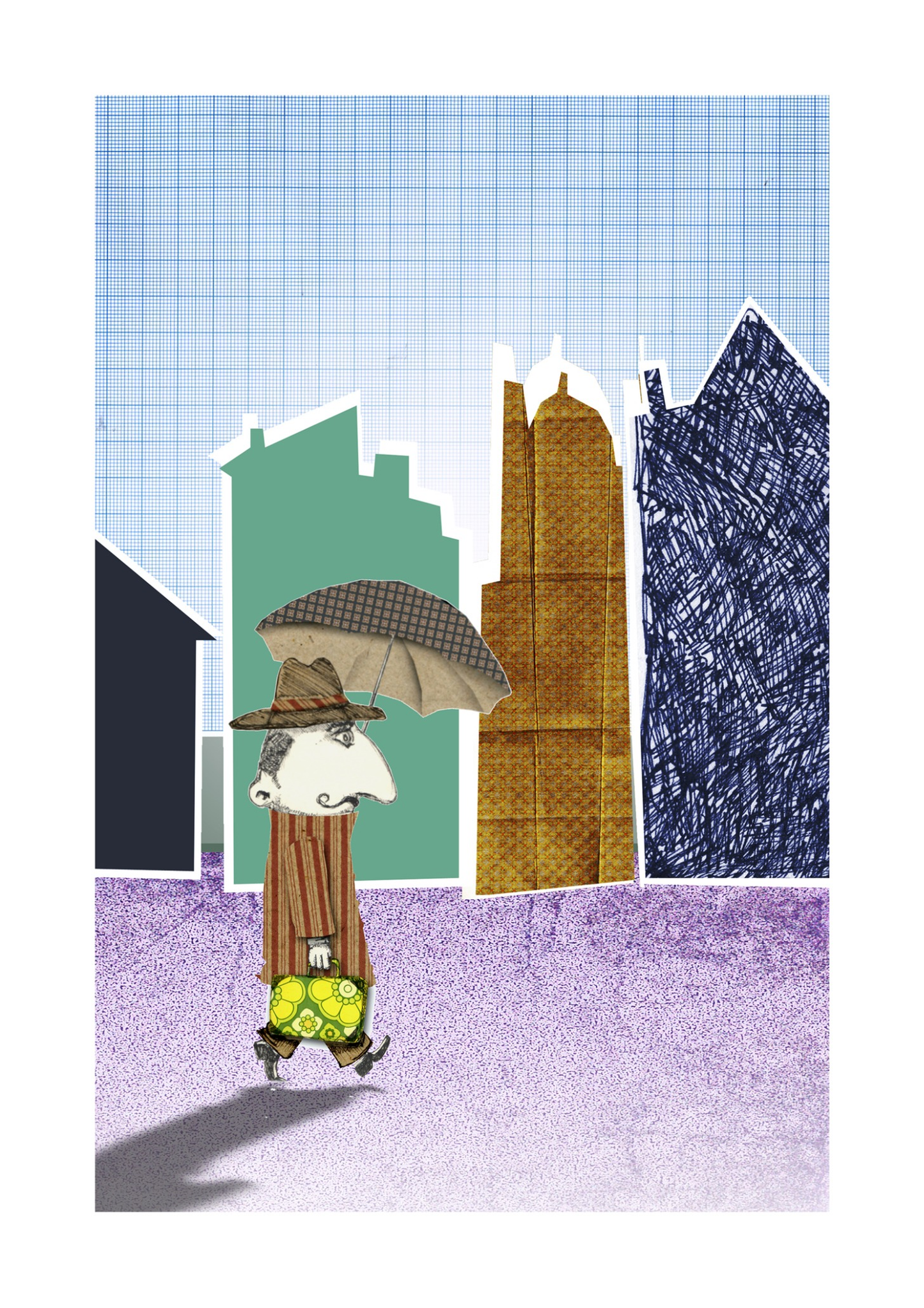 Playful art print of Mister Jenkins walking through a stylized city with a yellow suitcase and umbrella, illustrated by Studio Frits. Printed on A4 300g paper, made in Belgium.