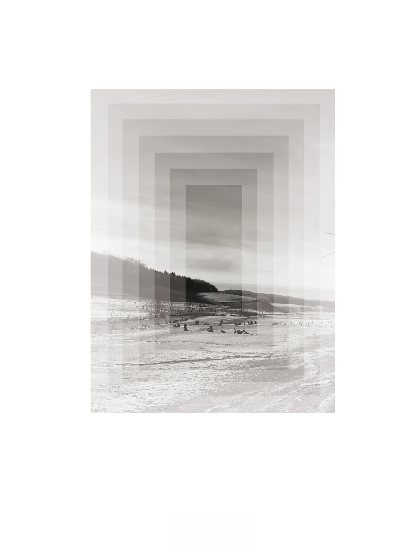 Minimalist Nordic art print SØ by Studio Frits, black-and-white geometric landscape inspired by Swedish winter woods, fine art digital print on matte paper, modern wall decor for Scandinavian and design lovers.