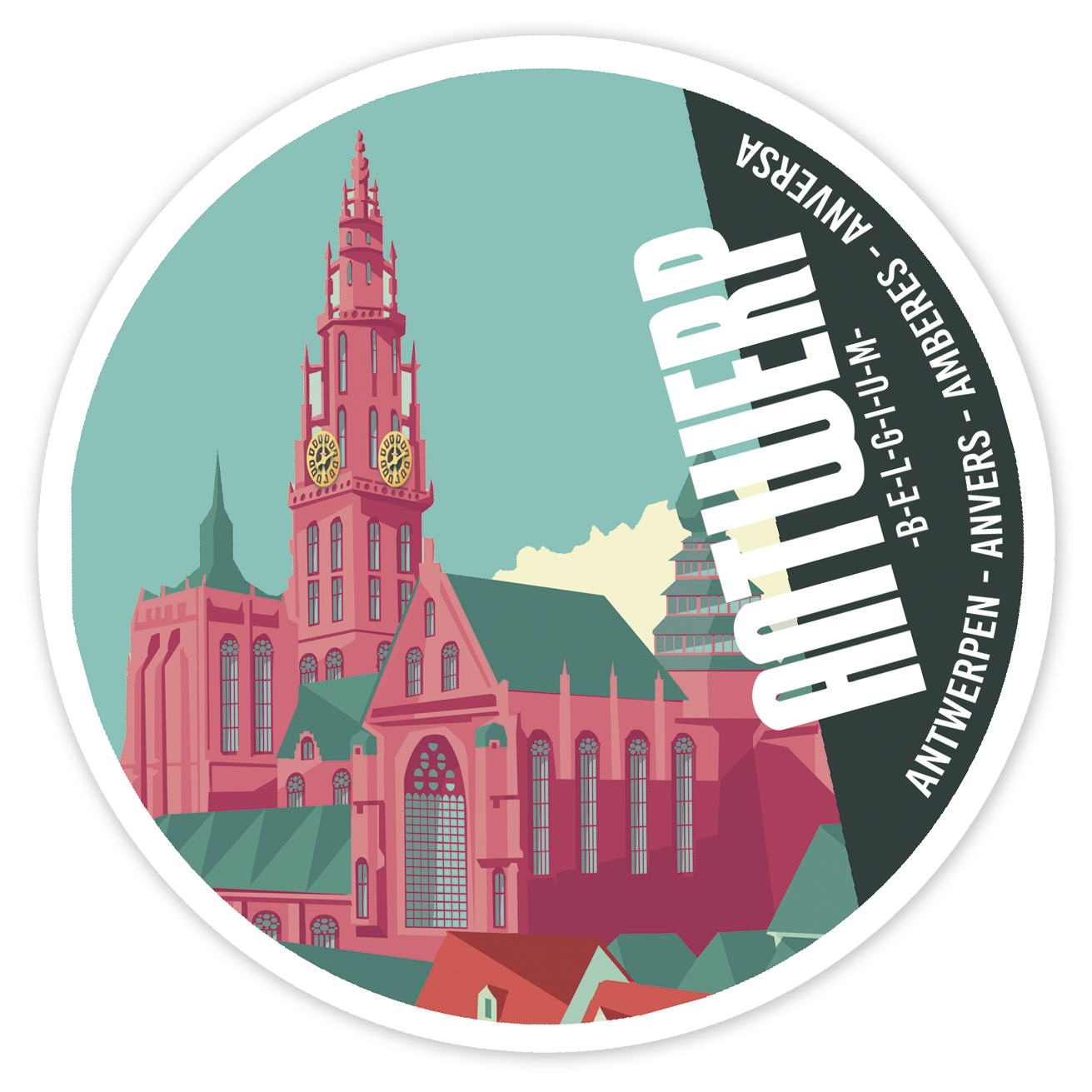 Round illustrated sticker of Antwerp Cathedral – vibrant graphic design souvenir featuring the iconic Cathedral of Our Lady in Belgium, with city name in multiple languages