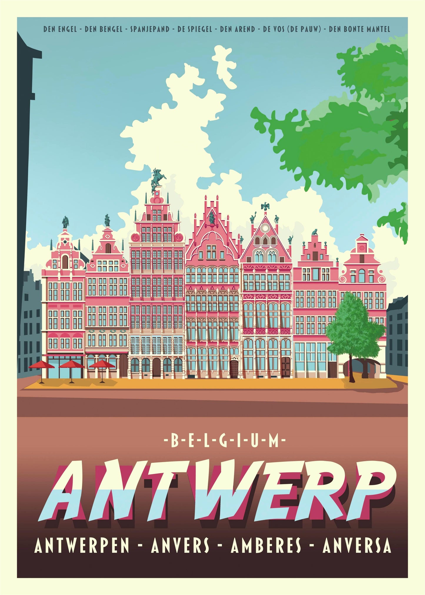 Large architectural digital art print of Antwerp Grote Markt, featuring Renaissance guildhalls, historic façades, and bold graphic colors by Belgian illustrator Gert Paenen.