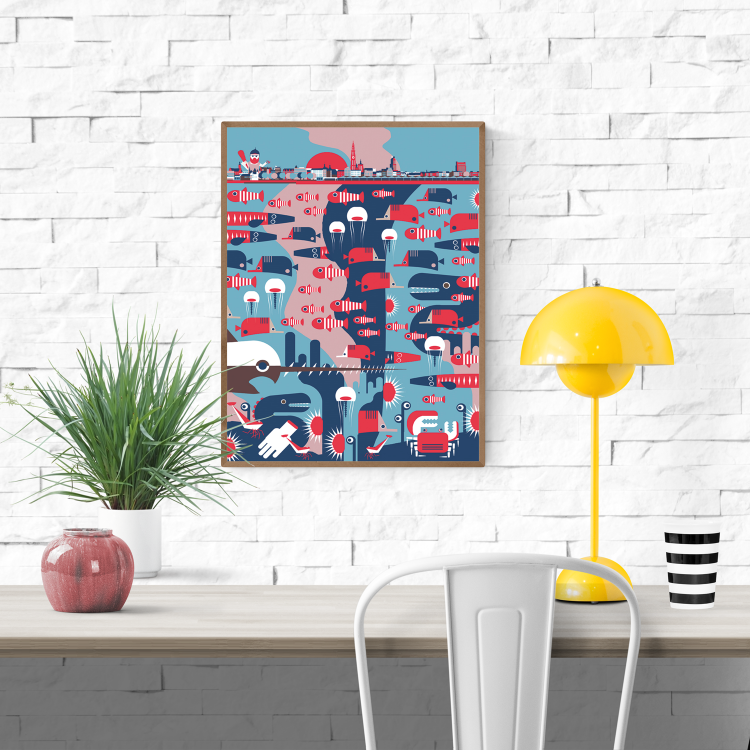 Colorful 30 x 40 cm art print titled The Legend of Antwerp by Studio Frits, featuring a stylized city skyline above a surreal underwater scene full of red, blue, and white sea creatures. Printed on 300g paper in Belgium. Perfect for fans of folklore, design, and Antwerp.