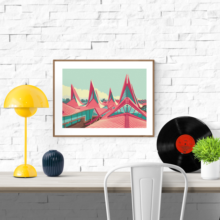 Digital art print of Vlinderpaleis Antwerp by Studio Frits, featuring stylized red-pink rooftops of the Antwerp courthouse with angular peaks and teal windows. High-quality wall art printed on 300g paper, ideal for fans of modern architecture and Belgian landmarks.