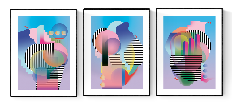 Set of three abstract geometric art prints with bold shapes, bright gradients, and black stripes, inspired by the architecture and energy of New York City – New York (set of 3) by Studio Frits, 30 x 40 cm modern wall art.