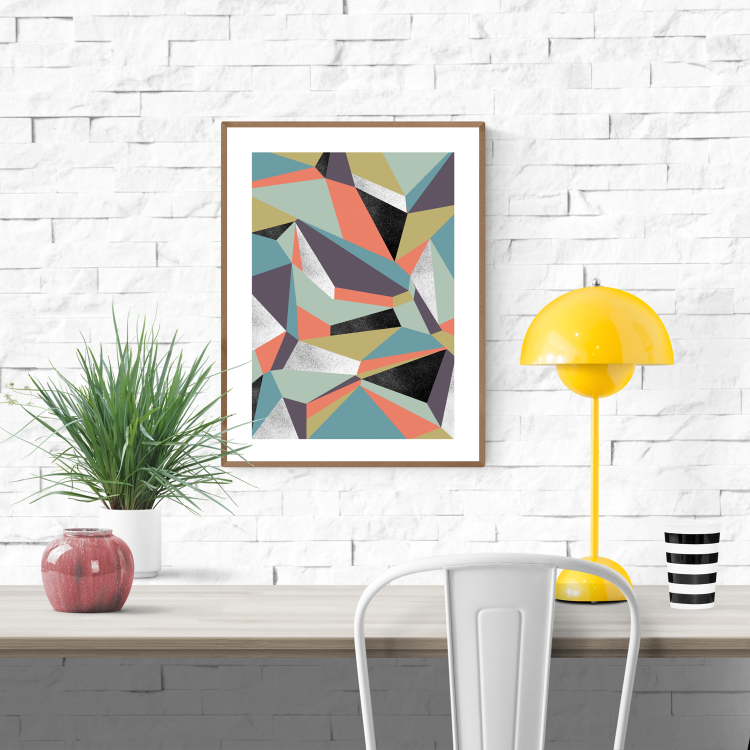 Framed abstract geometric art print inspired by Stockholm, featuring angular shapes in muted coral, sage green, ochre, and black tones, perfect for modern Scandinavian interiors.