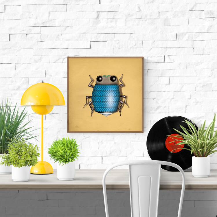 Colorful digital illustration of a stylized blue beetle with woven-texture body, large cartoon eyes, and metallic legs on a warm yellow background – Magnus Tor by Studio Frits.