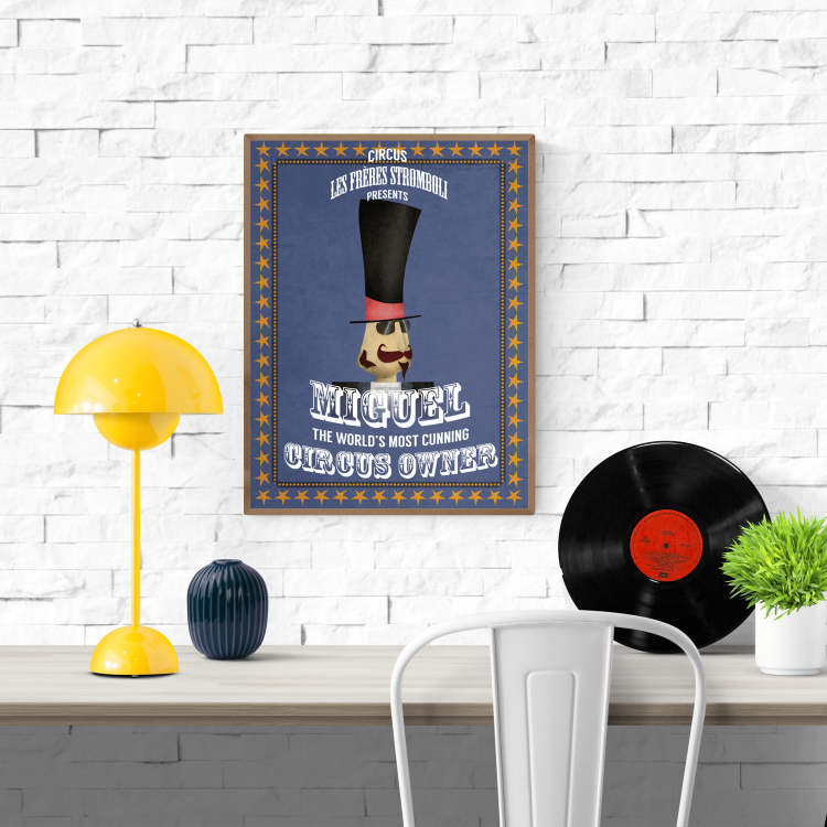 Illustration of Miguel Stromboli, a quirky circus owner with a tall black hat and mustache, in vintage poster style with blue background and star border – playful character art print by Studio Frits, printed on 300g paper.