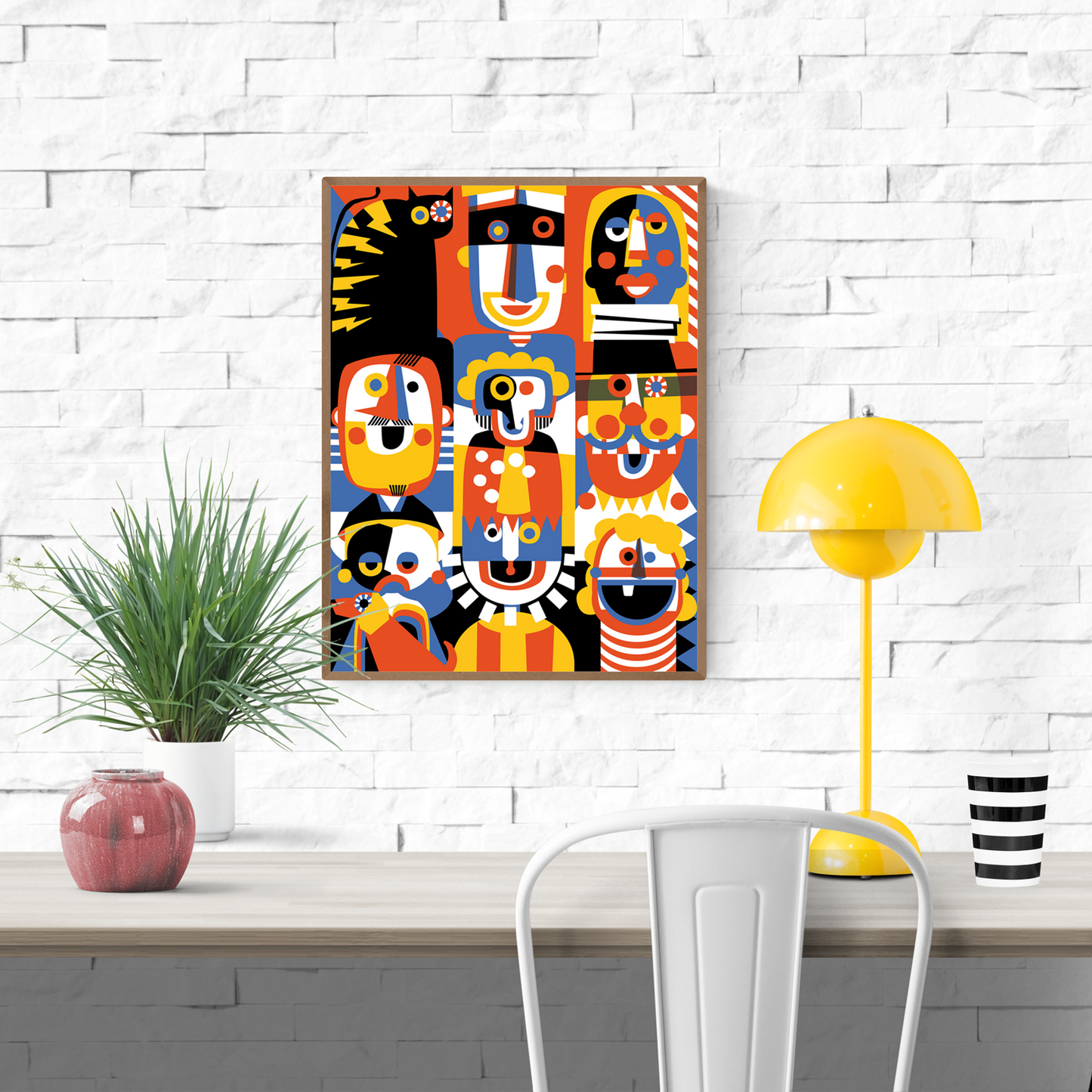 "Family Portrait" by Studio Frits – colorful abstract illustration of whimsical, geometric faces in a bold pop-art style, featuring vibrant red, blue, yellow, and black tones, ideal for modern interiors and collectors of playful contemporary art, available at Galerie Frits
