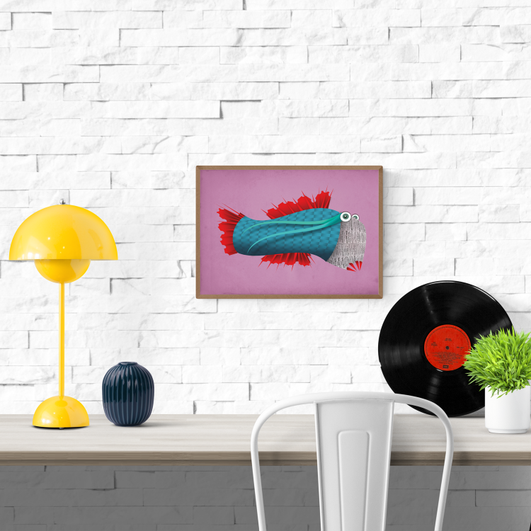 Colorful illustration of a whimsical blue fish with bright red fins and a newspaper-style face on a purple background – Moushanokouji Fish by Studio Frits, A4 art print made in Belgium.