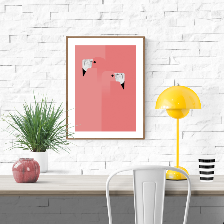 Minimalist flamingo art print by Studio Frits featuring two stylized pink flamingos with geometric shapes and bold black-and-white beaks, perfect for modern and colorful home decor – available at Galerie Frits