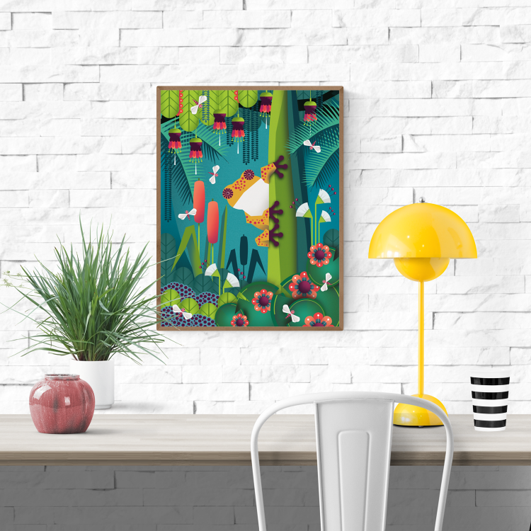 Colorful jungle frog illustration by Studio Frits featuring a vibrant orange frog clinging to a green tree surrounded by exotic tropical plants, flowers, and playful insects – whimsical wall art for nature and animal lovers.
