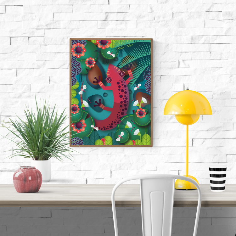 Whimsical art print of a red salamander in a lush jungle with tropical leaves and bold flowers by Studio Frits – colorful 30 x 40 cm illustration made in Belgium.