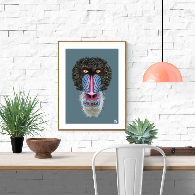 Close-up digital illustration of a colorful mandrill with vibrant blue, pink, and yellow facial features on a teal background – Mandrill by Studio Frits, 30 x 40 cm art print.