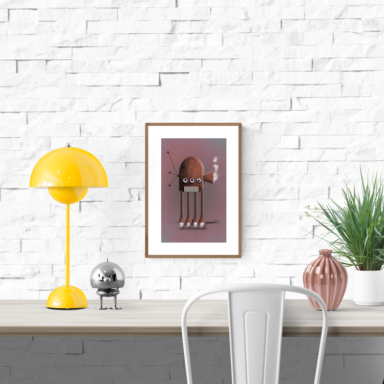 Illustration of a red vintage-style robot with four spring legs and antennas on a muted background – Red Robot by Studio Frits, A4 art print made in Belgium.