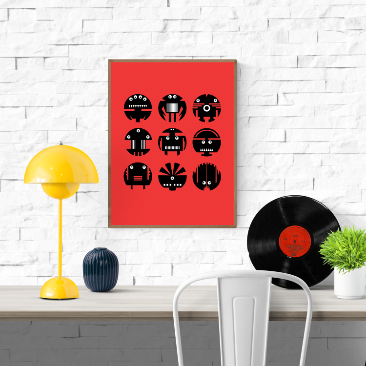 Colorful geometric illustration of nine unique black-and-white robot faces on a bold red background – Robots by Studio Frits, 30 x 40 cm modern art print for playful interiors.