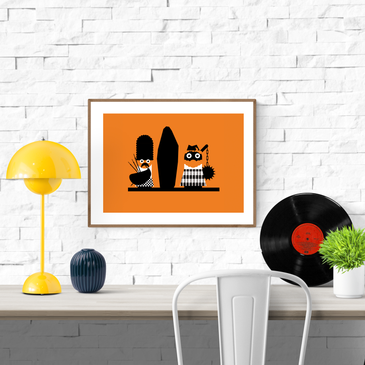 Graphic art print of two stylized Scottish characters in black-and-white costumes with orange background – minimalist and playful design by Studio Frits.