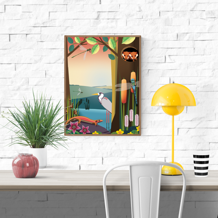 Digital art print “Waterfront in Spring” by Studio Frits featuring a colorful lakeside scene with animals like a heron, dragonflies, lizard, and foxes in a blooming spring forest. Printed on 350g paper in Belgium.