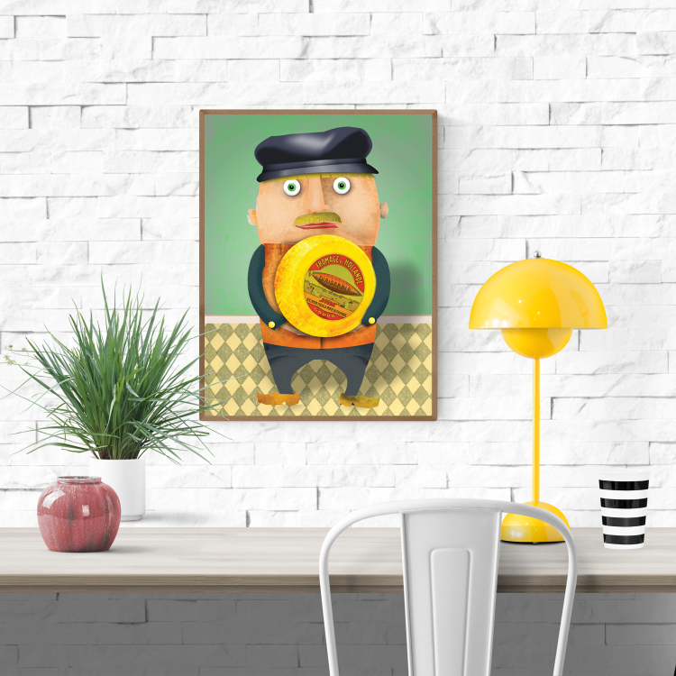 Dutch character illustration of a man holding a large cheese wheel, created by Gert Paenen for Studio Frits. A playful tribute to the Netherlands, printed on high-quality paper. Perfect for Dutch-themed interiors or kitchen decor. 30 x 40 cm art print.
