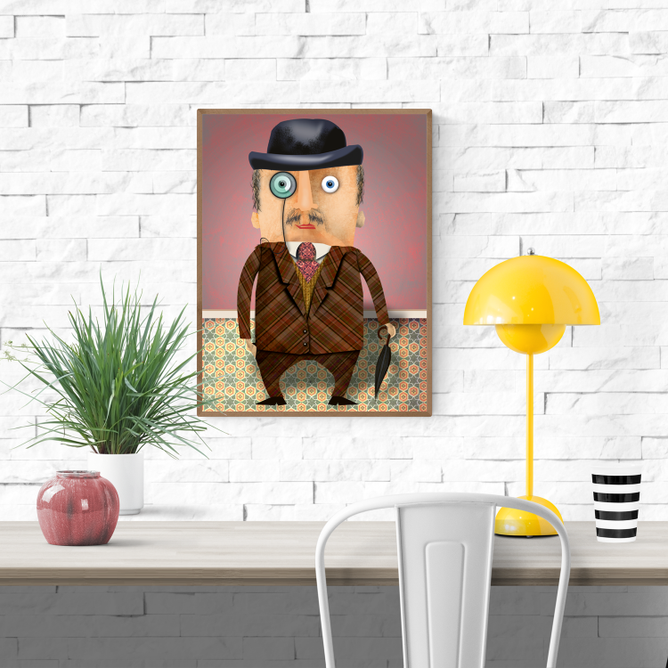 Illustration of Mister Miller, a cartoon British gentleman with a monocle, bowler hat, plaid suit, and umbrella. Printed on high-quality 30 x 40 cm paper by Studio Frits.