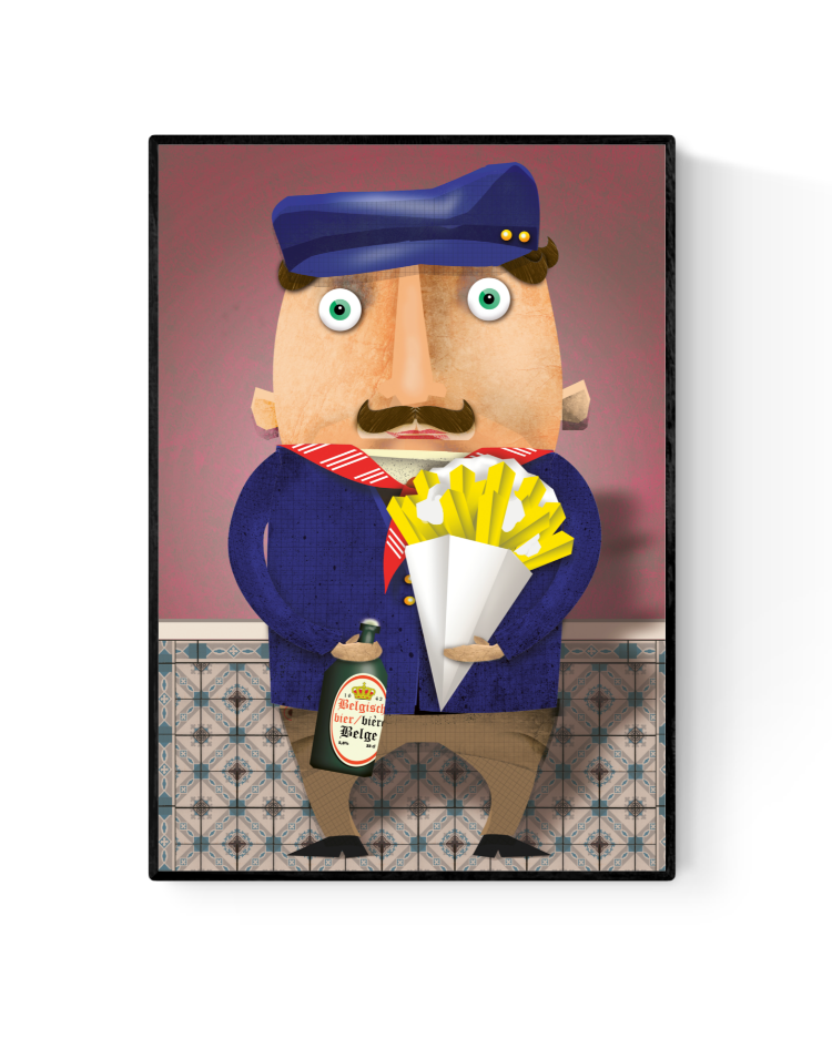 Humorous illustration of a mustached Belgian man holding a cone of fries and a bottle of Belgian beer, wearing a sailor cap and blue jacket, standing on patterned tiles – art print by Studio Frits.