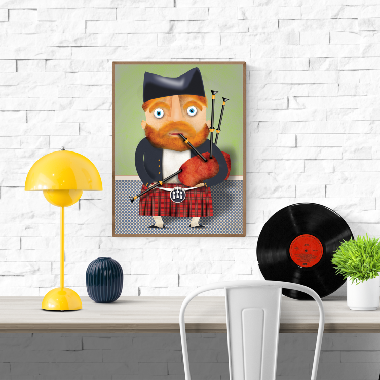 Colorful art print of Mister MacIver, a cartoonish Scottish man in a kilt playing the bagpipes, illustrated by Studio Frits. Printed on 30 x 40 cm premium paper, made in Belgium.