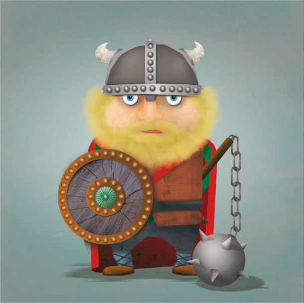 Funny cartoon illustration of a Viking warrior with a blond beard, horned helmet, shield, and spiked mace, titled “Harald the Viking” by Studio Frits – 30 x 30 cm art print.