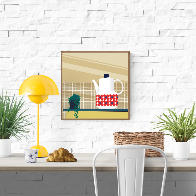 Charming vintage-style illustration by Studio Frits titled 'Bavaria Coffeepot,' featuring a retro porcelain coffee pot with bold red and blue floral motifs, set on a tiled kitchen counter with a hanging string-of-pearls plant. A warm and nostalgic tribute to mid-century kitchenware and European design