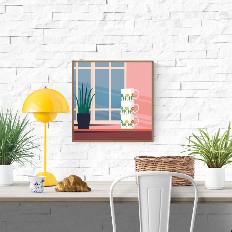 Modern silkscreen illustration titled Vintage Coffee Cups by Belgian illustrator Studio Frits, featuring three retro floral mugs stacked on a windowsill next to a potted plant, with soft pink and blue color tones. Printed on 300g paper, 30x30 cm.