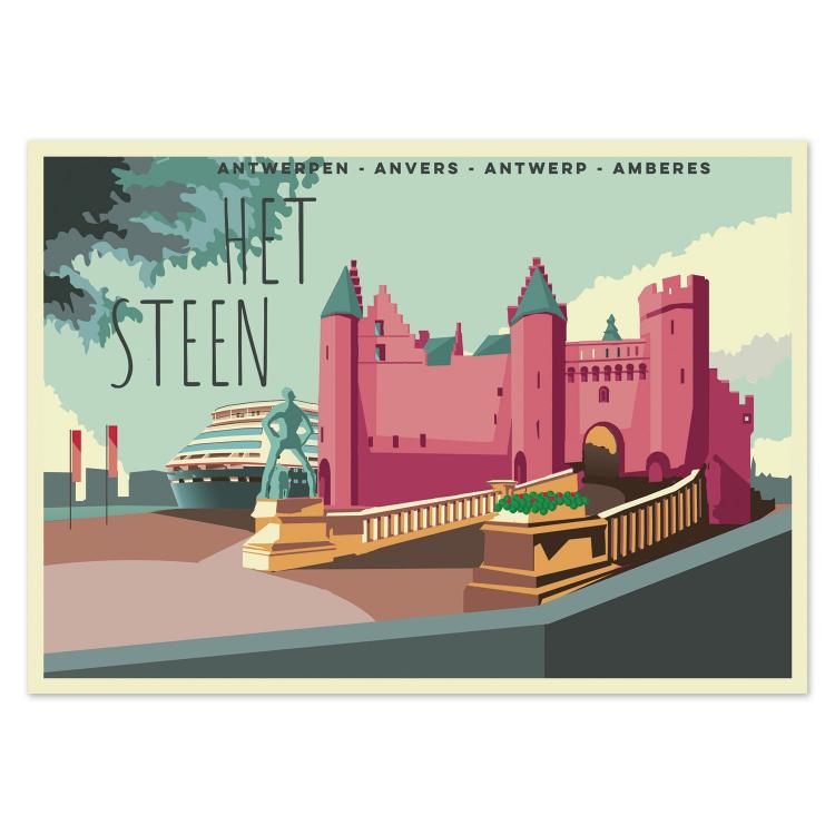 Retro-inspired illustrated postcard of Het Steen Castle in Antwerp, Belgium, by Gert Paenen of Studio Frits. Depicting the historic fortress, the Brabo statue, and a cruise ship in the background, this vibrant artwork celebrates Antwerp’s medieval heritage and riverside charm in warm pastel tones.