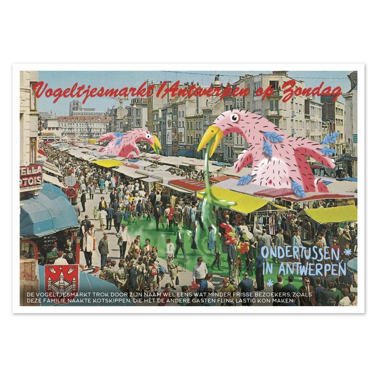 Humorous illustrated postcard Ondertussen in Antwerpen by Gert Paenen of Studio Frits. Depicting a lively Antwerp bird market scene with two giant pink feathered creatures spitting green slime over the crowd, this surreal artwork combines vintage photography and playful fantasy for a unique urban twist.