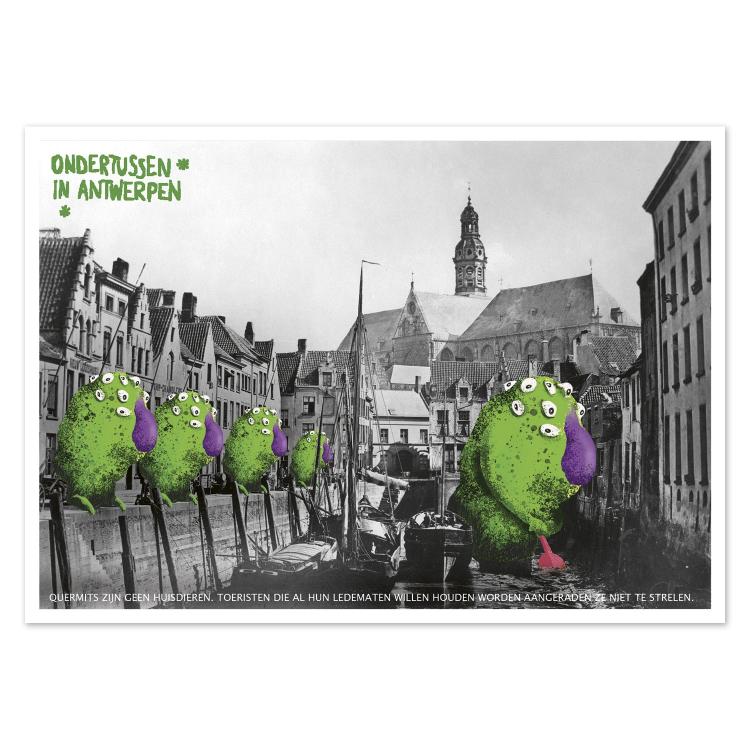 Playful illustrated postcard Ondertussen in Antwerpen by Gert Paenen of Studio Frits. Featuring green, one-eyed monsters with purple snouts wandering through a vintage Antwerp canal scene, this surreal artwork blends humor, fantasy, and nostalgia into a quirky cityscape collage.