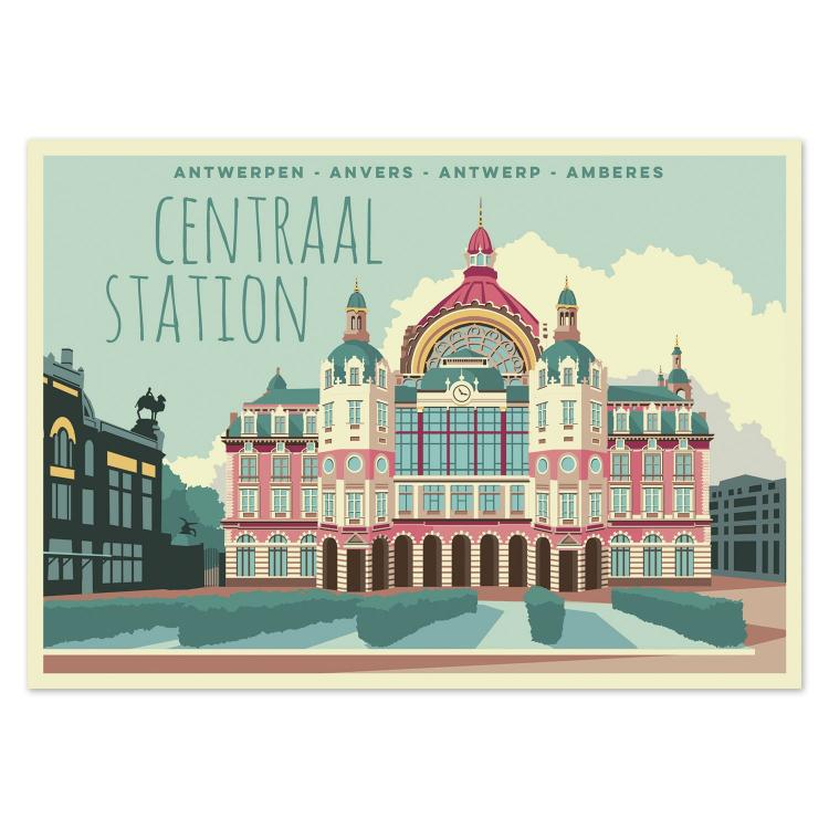 Central Station Antwerp postcard by Studio Frits – vibrant architectural illustration of Antwerp's iconic train station in bold pastel tones. Perfect wall decor for architecture lovers, Belgium travel enthusiasts, and collectors of contemporary cityscape prints. Available exclusively at Galerie Frits