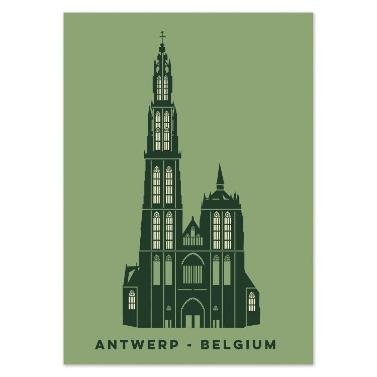 Minimalist illustrated postcard of the Cathedral of Our Lady in Antwerp, Belgium, by Gert Paenen of Studio Frits. Depicted in dark green tones against a soft green background, this elegant artwork highlights the Gothic beauty and iconic silhouette of Antwerp’s most famous landmark.