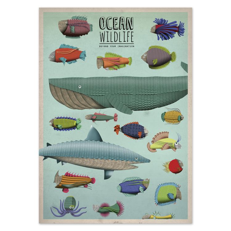 Colorful illustrated poster titled Ocean Wildlife by Gert Paenen of Studio Frits. Featuring a whimsical collection of textured whales, sharks, and tropical fish in playful patterns, this vibrant artwork invites viewers to explore marine life through imagination and design.