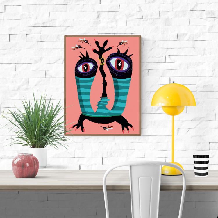 Colorful art print of a stylish monster named Milton Coldwell with striped teal limbs, large eyes, and small insects flying around, illustrated by Studio Frits. Printed on 350g paper and made in Belgium.