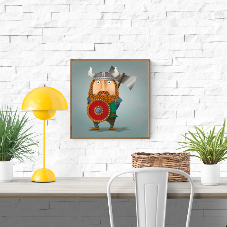 Whimsical Viking character with horned helmet, red shield, and axe – Ragnar the Viking by Studio Frits, 30 x 30 cm art print made in Belgium.