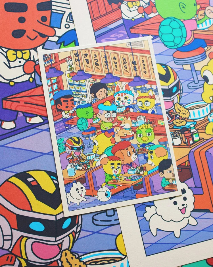 Udon-Ya 50x70 cm art print by Yeaaah! Studio, colorful Japanese udon restaurant scene with cute animals and characters eating noodles, detailed kawaii illustration printed on Old Mill Premium White 300g paper, digital print, unframed, made in France.
