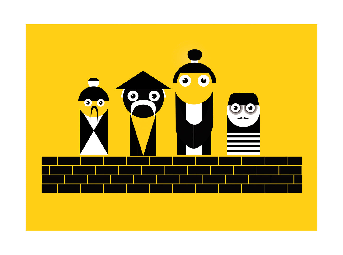 Bold and playful graphic illustration titled ‘Chinese’ by Studio Frits, featuring four stylized black-and-white cartoon characters with geometric shapes against a vibrant yellow background. This modern art print blends minimalism with cultural motifs, perfect for contemporary interiors, kids’ rooms, or design lovers who appreciate quirky wall decor. Available at Galerie Frits