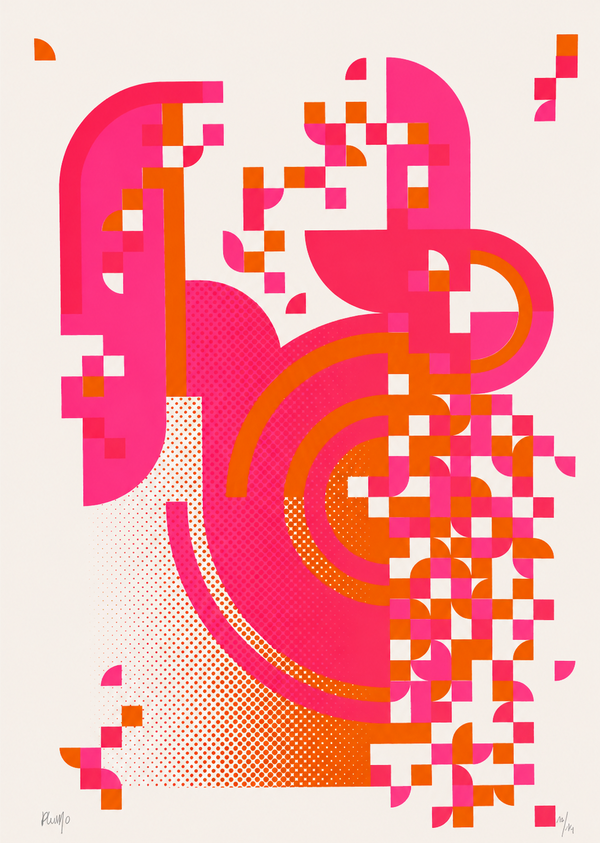Pixel Drift 3 by PLUMO, handmade abstract screenprint in pink and orange with geometric pixel shapes, curved forms, and contemporary graphic design composition on white background.