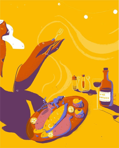 “Vino Fantastico” by Gheleyne Bastiaen – 30x40 cm digital art print showing a joyful dinner scene with wine, fish, and lemons, in warm yellow, purple and orange tones, modern Belgian illustration.