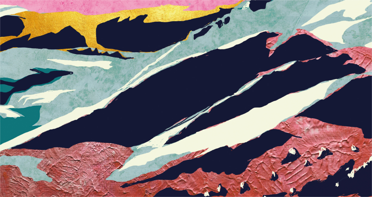 Large contemporary digital collage art print inspired by the Swiss Alps, featuring layered mountain landscapes, vibrant colors, textured surfaces, and abstract forms by Belgian illustrator Gert Paenen.