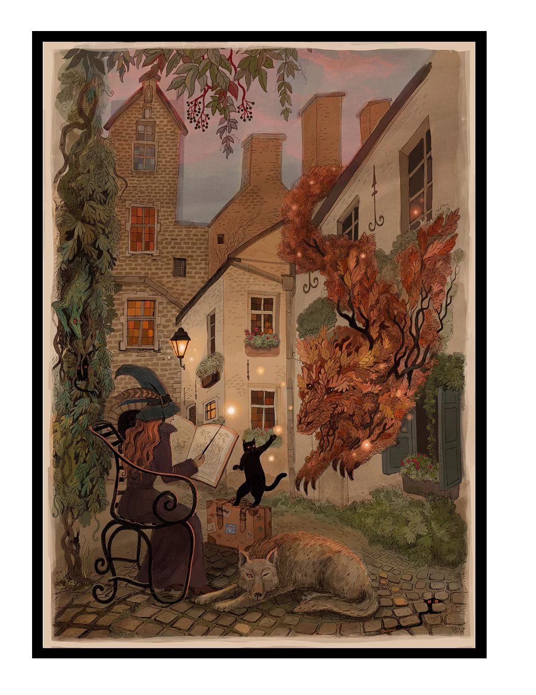 Fantasy illustration inspired by Antwerp's historic Vlaaikensgang, featuring a witch reading in a hidden courtyard with a black cat, wolf, and autumn spirit. Warm storybook colors, detailed giclée print, vertical wall art for cozy home decor.
