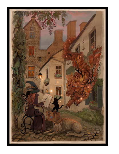 Fantasy illustration inspired by Antwerp's historic Vlaaikensgang, featuring a witch reading in a hidden courtyard with a black cat, wolf, and autumn spirit. Warm storybook colors, detailed giclée print, vertical wall art for cozy home decor.
