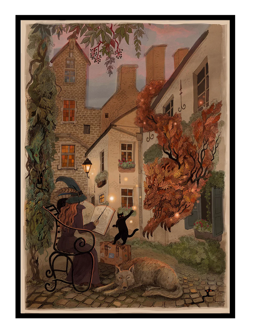 Fantasy illustration inspired by Antwerp's historic Vlaaikensgang, featuring a witch reading in a hidden courtyard with a black cat, wolf, and autumn spirit. Warm storybook colors, detailed giclée print, vertical wall art for cozy home decor.