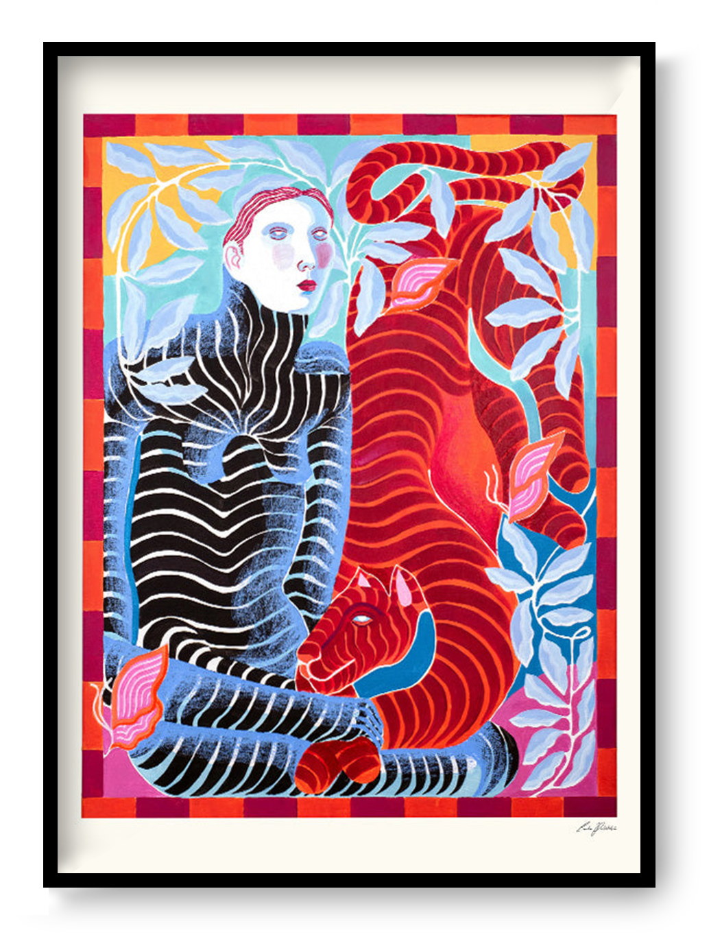 The Affair by Carla Petelski, contemporary figurative fine art print featuring a striped woman and red tiger surrounded by botanical elements in vivid pink, blue, orange, and red tones, modern symbolic wall art for contemporary interiors.